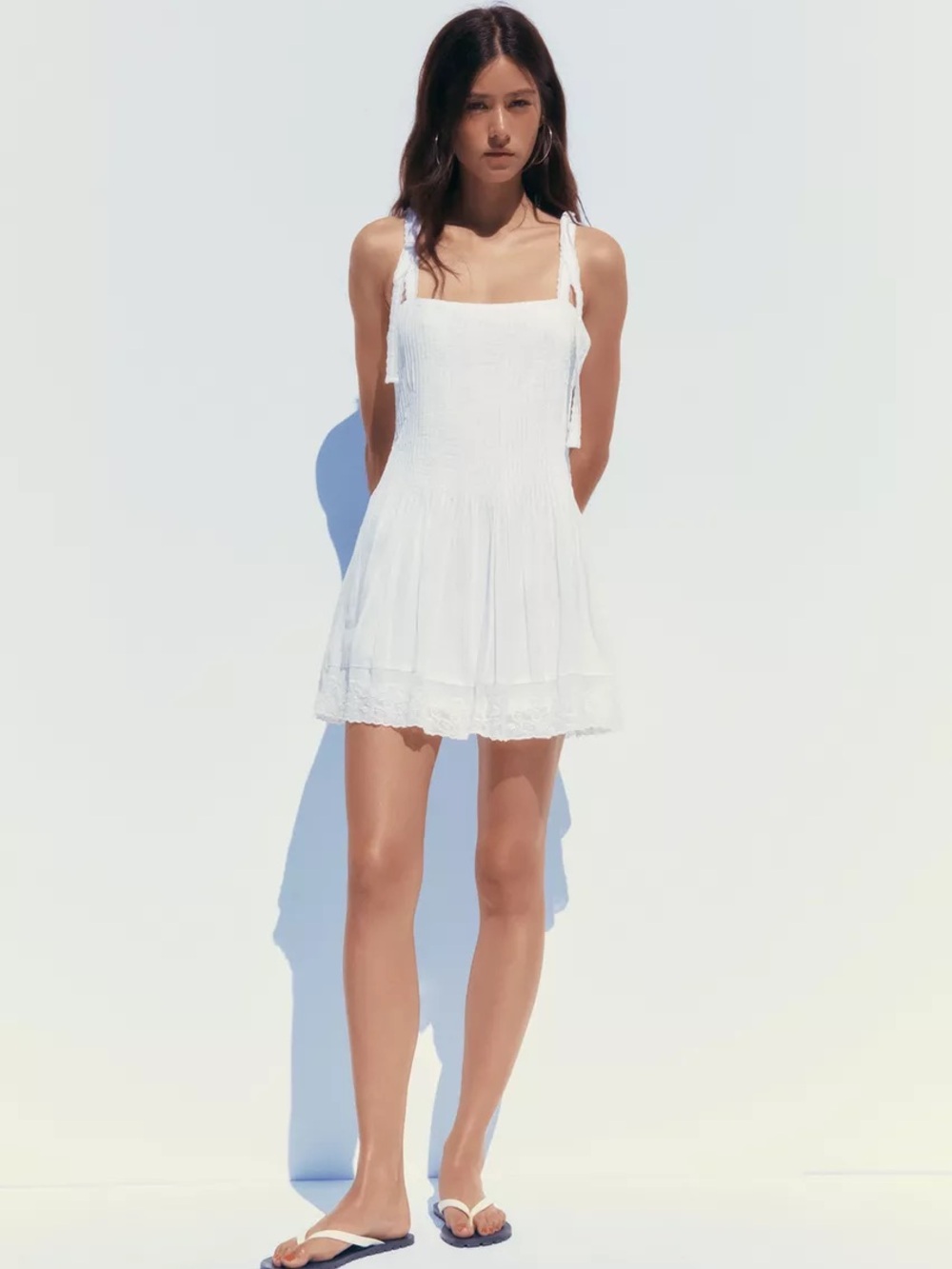 Zara White Smocked Tie-Shoulder Mini Dress
